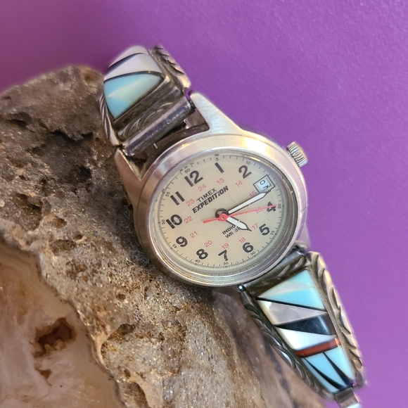 Vintage sterling silver Native American Zuni inlay watch band/ watch - Picture 2 of 5